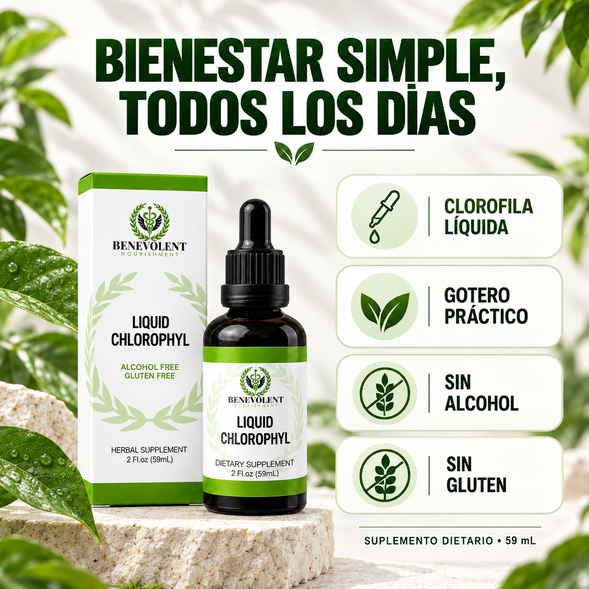 CLOROFILA LÍQUIDA BENEVOLENT  Haz de tu bienestar una prioridad.